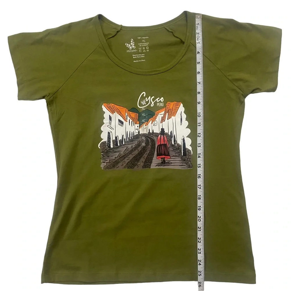 NWT XL Cuzco 100% Peruvian Cotton Olive Green Short Sleeve T-Shirt Scoop Neck - Picture 7 of 8
